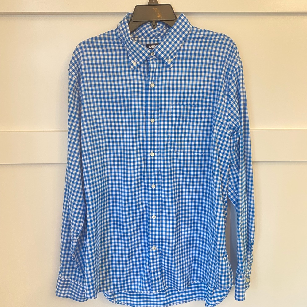 Lands' End Long Sleeve Button‎ Shirt Men's M Traditional Fit Blue White No Iron